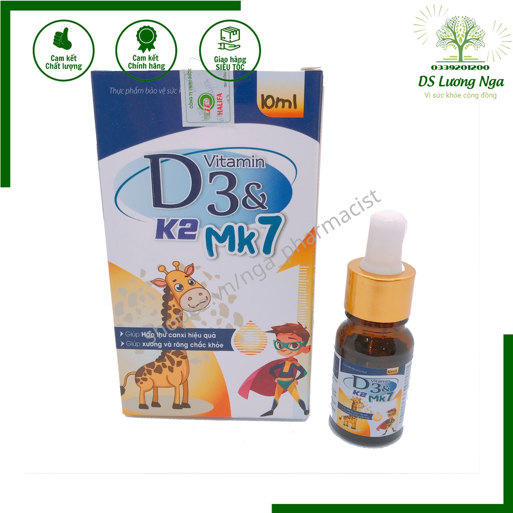 VITAMIN D3 &amp; K2 MK7 hỗ trợ trẻ em biếng ăn, còi xương, chậm mọc răng (XANH) - Lọ