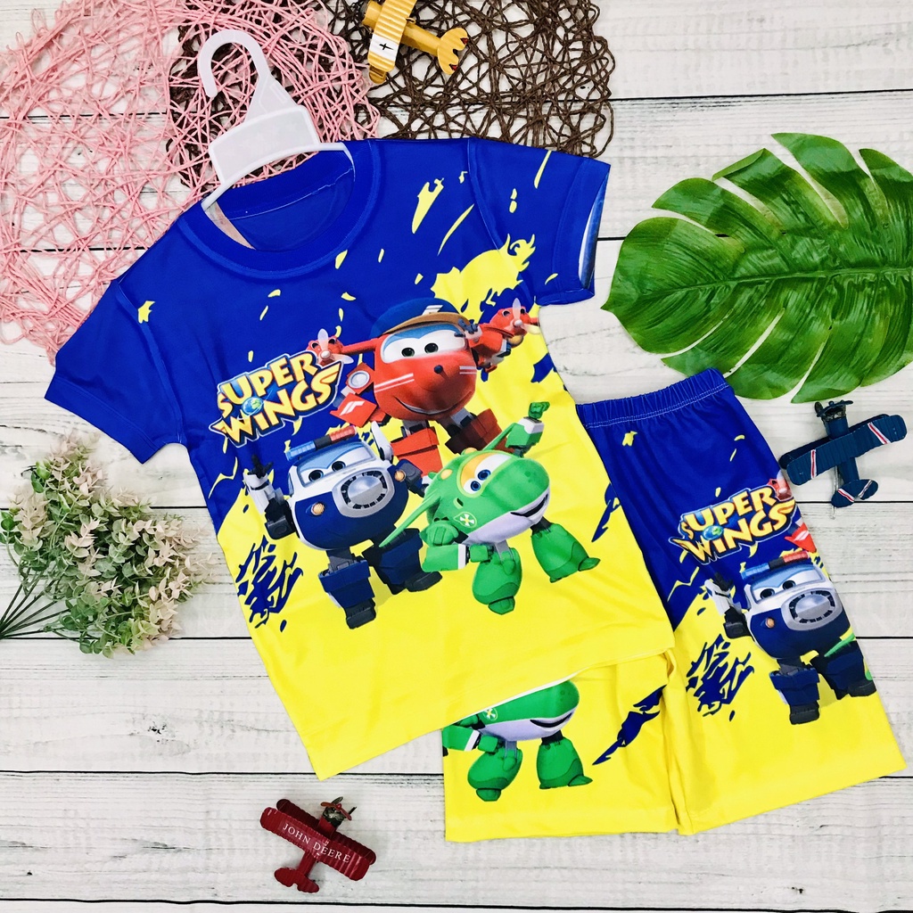 Đồ bộ bé trai thun lạnh mềm mịn, co giãn tốt 3D cộc tay in hình Đội Bay Siêu Đẳng cho bé trai size10 - 50kg