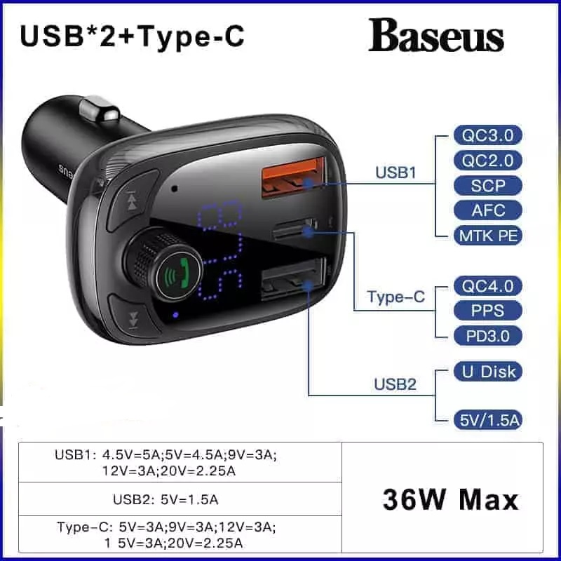 Tẩu sạc nhanh cho xe hơi ôtô Baseus T-Typed Wireless MP3 Car Charger, kiêm máy phát MP3, hỗ trợ nghe gọi rảnh tay