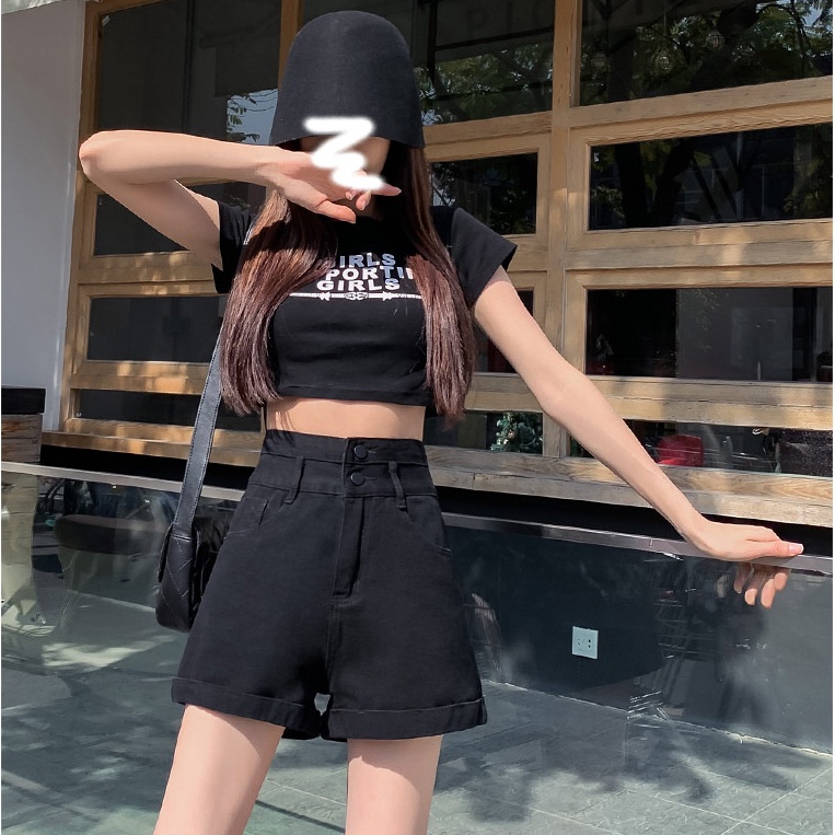 Quần Short Denim Lưng Cao Ống Rộng Theo Phong Cách Retro Hàn Quốc
