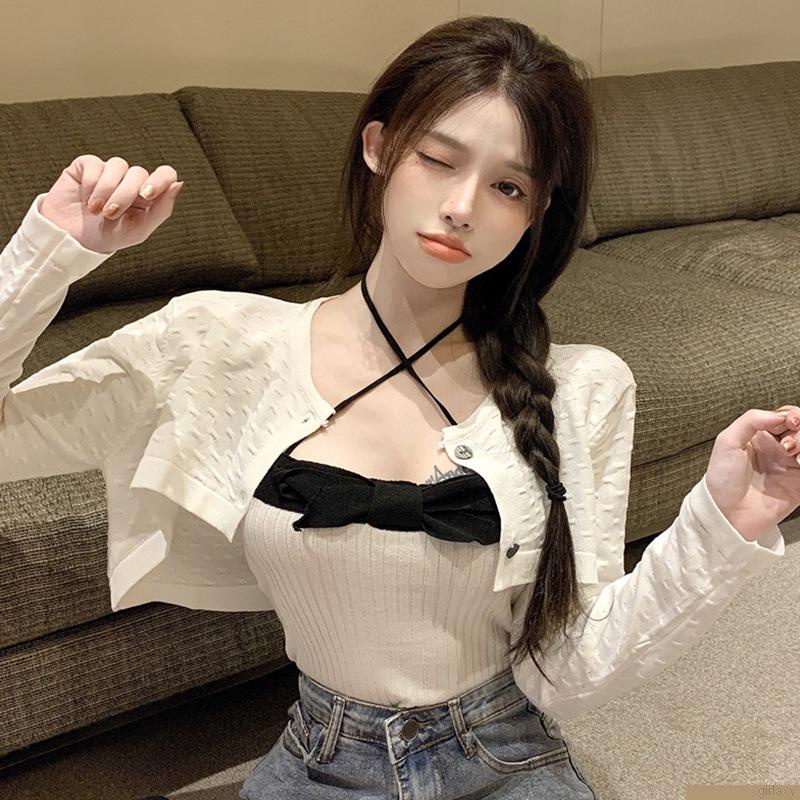 Áo dây croptop dệt kim dáng ôm đính nơ quyến rũ thời trang cho nữ