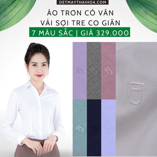 Áo sơ mi công sở, Thái Hòa, tay dài, áo sơ mi trơn có vân, vải sợi tre có co giãn