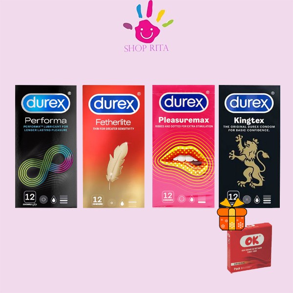 [COMBO] 4 hộp Bao cao su Durex Performa, Fertherlite,  Invisible, Pleasuremax, Kingtex, Ultima TẶNG 1 hộp Ok 3 cái