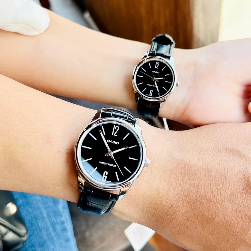 Đồng Hồ Cặp Đôi Casio Nam Nữ MTP-V005L-1BUDF & LTP-V005L-1BUDF Dây Da Đen Mặt Đen