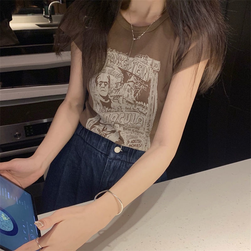 Áo Thun Tay Ngắn In Hình Phong Cách Retro Hàn Quốc Cho Nữ