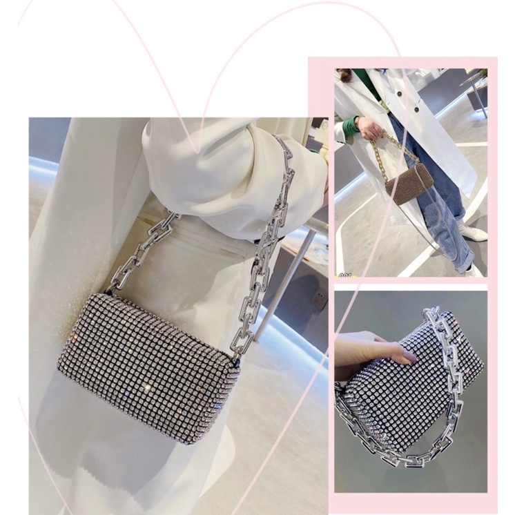 Túi Xách SIZE 18 CM Đính Đá Hottrend 2 Dây Đeo Siêu Đẹp Thích Hợp Đi Tiệc Alexie wang-màu silver Lấp Lánh Đá Sang Chảnh