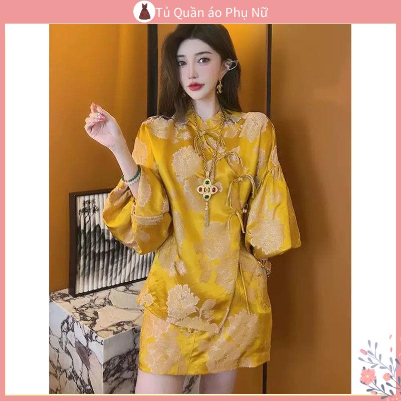 Set Áo Sơ Mi Và Chân Váy Satin Vàng Cao Cấp Phong Cách Trung Hoa Mới Mùa Thu Cho Nữ