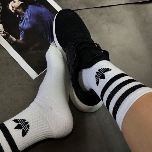 Tất Cổ Cao Dệt Kim Thể Thao Unisex Họa Tiết 3 Sọc Trắng Đen