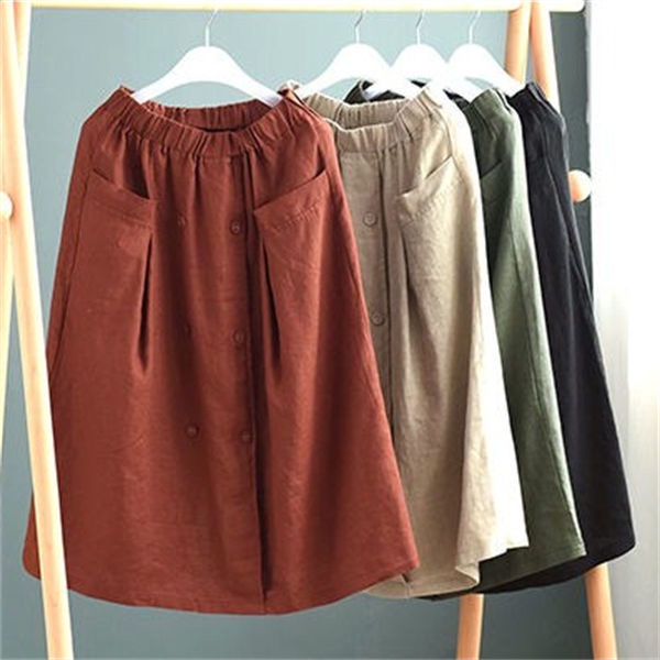 Chân Váy Chữ a Vải Cotton Lanh Dáng Rộng Màu Trơn Phối Hai Hàng Nút Thời Trang Cho Nữ