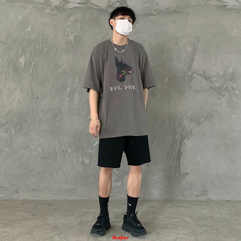 European and American street trends INS hip-hop high street dog head rose print loose dark lazy men and women short-sleeved T-shirt tide