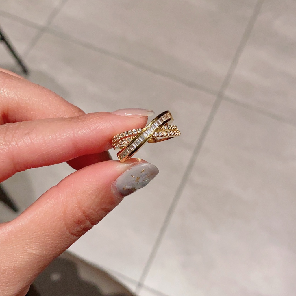 Nhẫn Đan Chéo Đính Đá Zircon Hình Chữ X Có Thể Điều Chỉnh Kích Cỡ Thời Trang Hàn Quốc