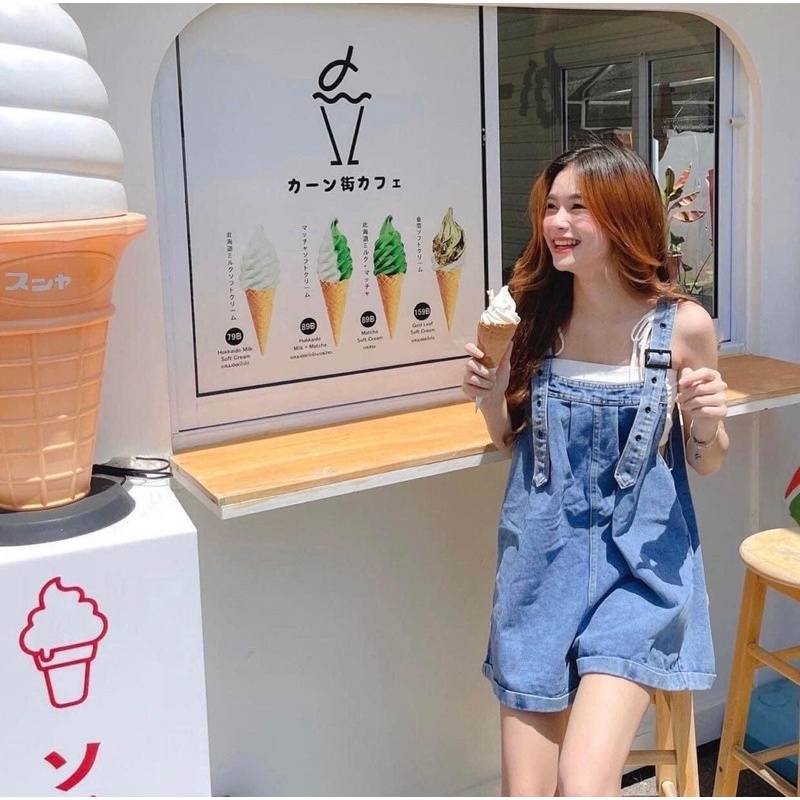 Quần đùi yếm siêu xinh, Quần yếm xanh đùi dáng rộng