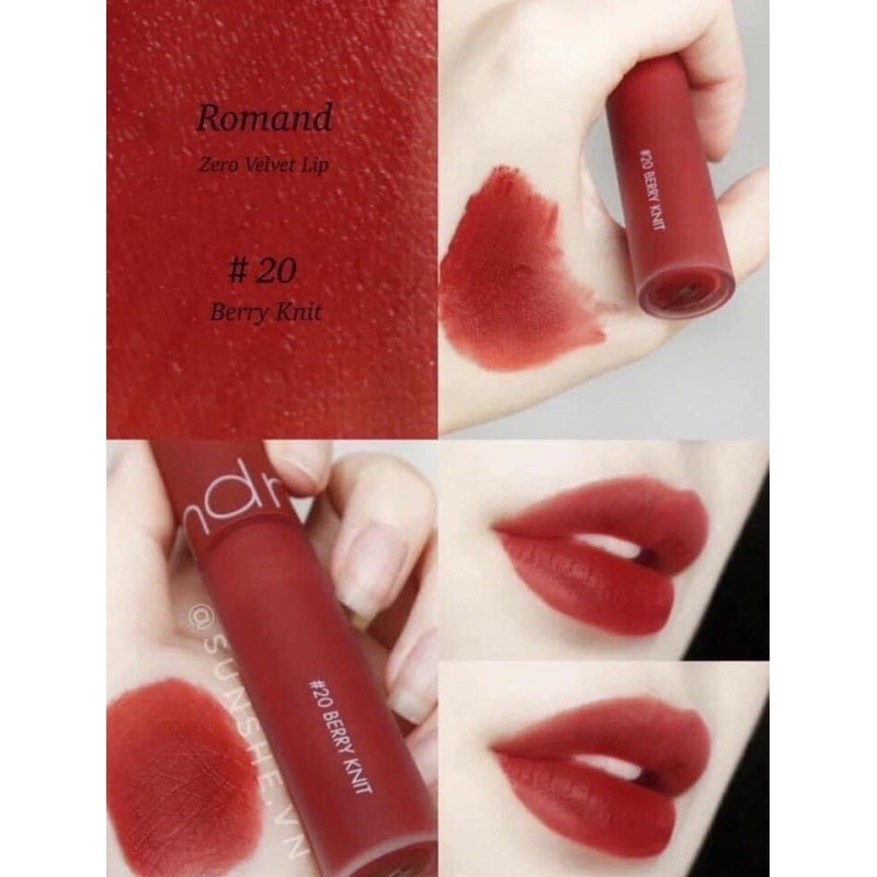 Son Romand Zero 20 màu đỏ berry trầm (son kem lì Romand Zero Velvet Tint)