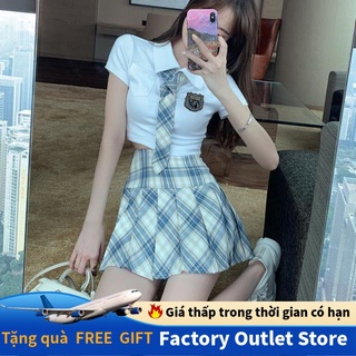 Two-piece suit/single-piece college style summer new cropped blouse female tide + high-waist plaid skirt with tie