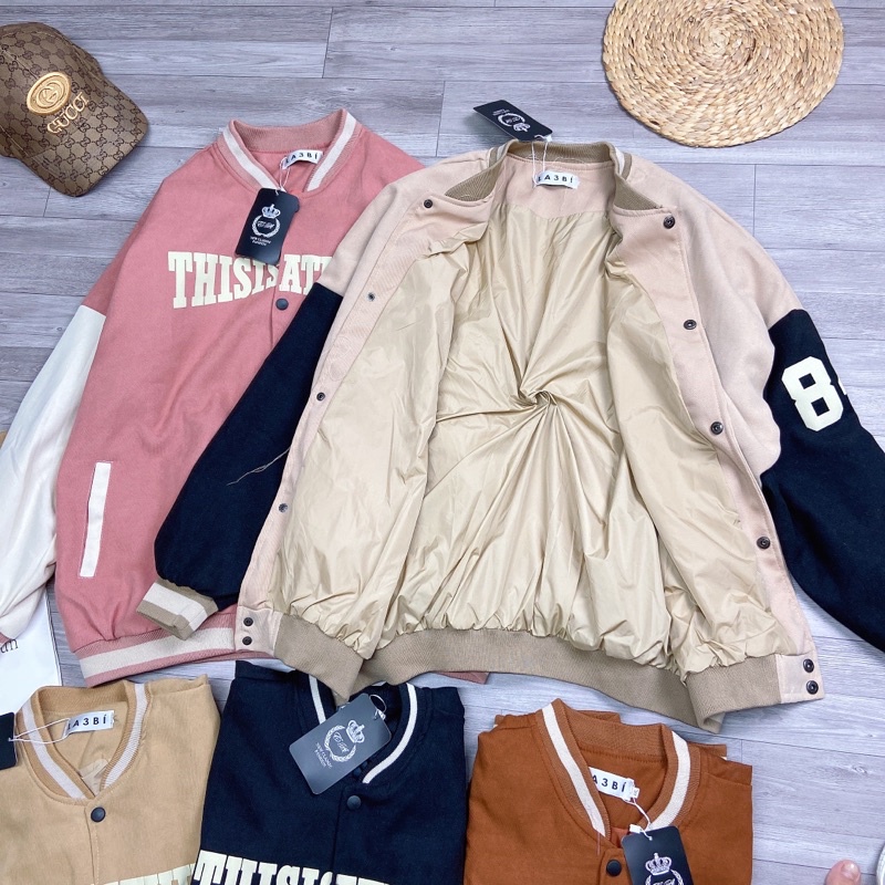 Áo Khoác Bomber Thể Thao Nhung Tăm 2 Lớp Số 84 Dáng Rộng Áo Bóng Chày Cao Cấp
