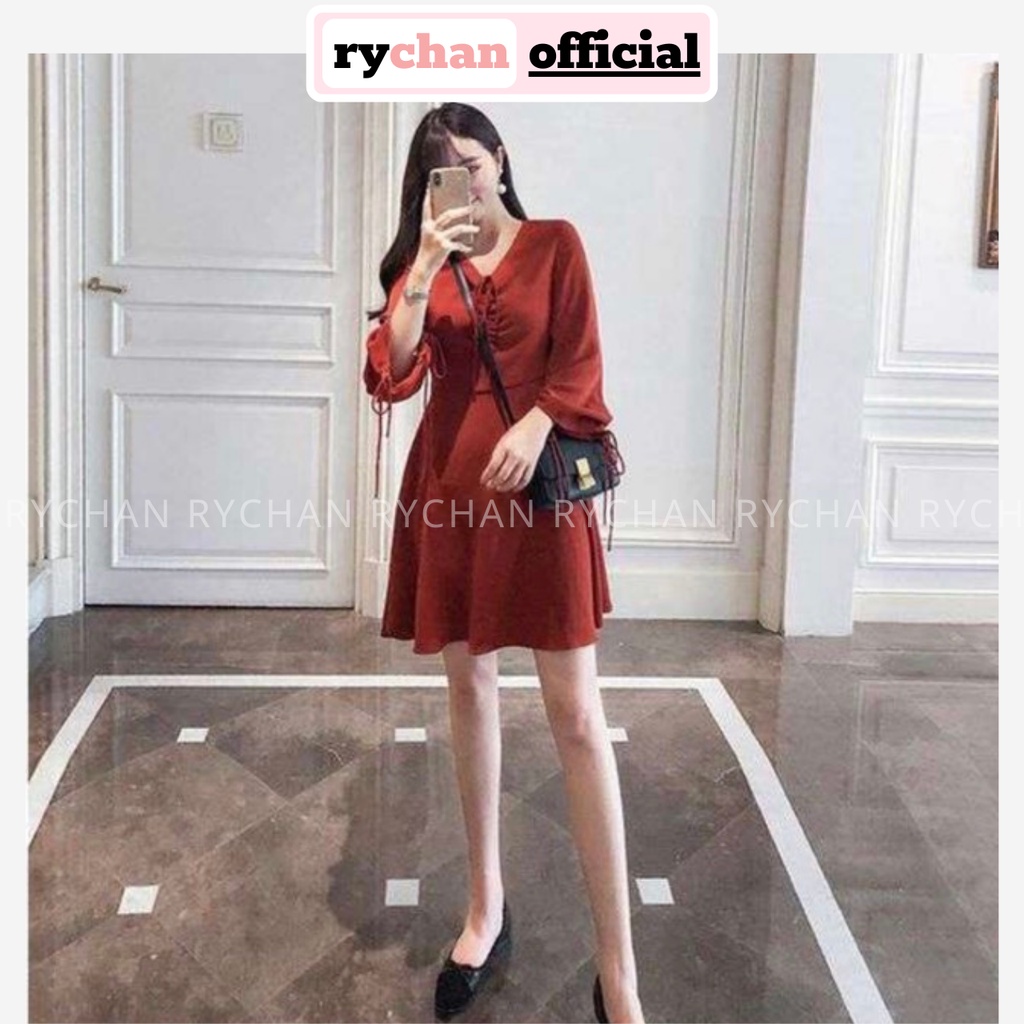 Đầm Suông Nữ Form Ngắn Cổ V Tay Dài Phồng Rút Dây Màu Đỏ Cực Trẻ Trung [ẢNH THẬT CUỐI] - DX9802