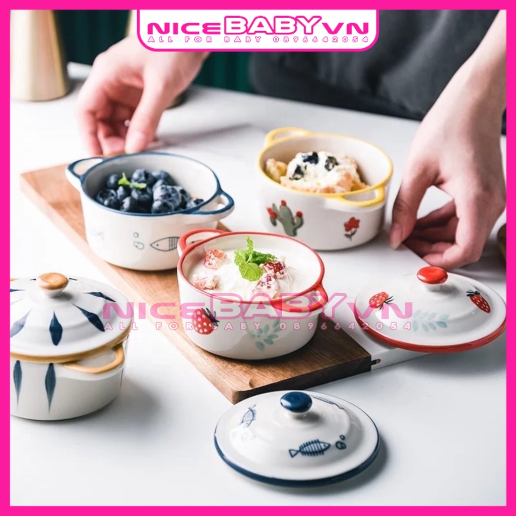 Bát Ăn Dặm Gốm Sứ Hình Nồi Họa Tiết Có Nắp Cho Bé 200ml NiceBabyVn