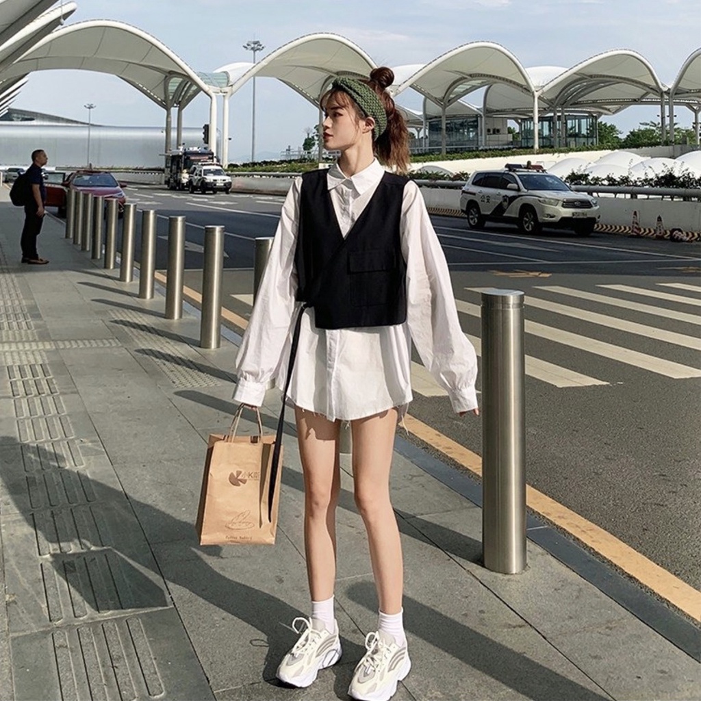 Áo sơ mi Hàn Quốc, Áo sơ mi dáng rộng và yếm gile thắt chéo Ulzzang