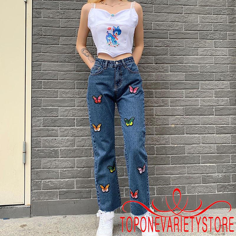 Quần Jeans Dài Lưng Cao Thêu Hình Bướm Thời Trang Cho Nữ