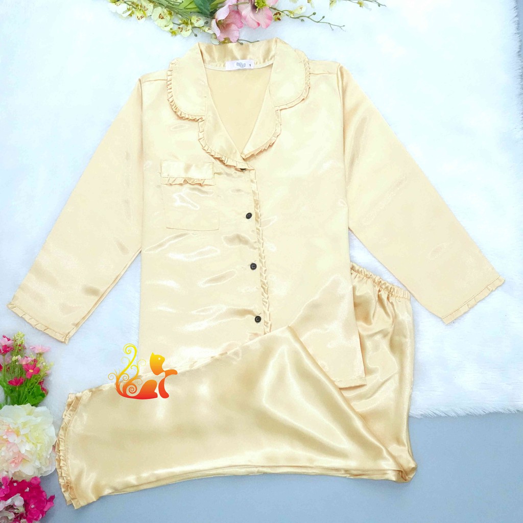 Đồ Bộ Mặc Nhà Pijama Phi Lụa " Viền Bèo " Tay Dài Cao Cấp - Dưới 60kg. | BigBuy360 - bigbuy360.vn