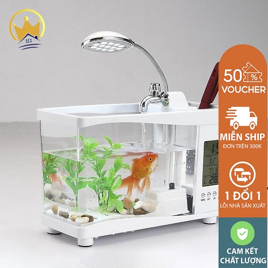 Hồ Cá Cảnh 💥Bể Cá Mini💥 Để Bàn Kiêm Đồng Hồ Siêu Đẹp (Tặng Kèm Đá Và Cây Cảnh)