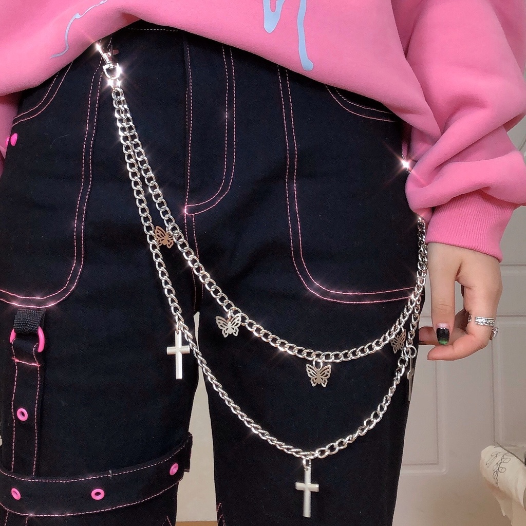 Chuỗi dây xích gắn lưng quần thiết kế hai lớp trang trí hình bươm bướm cá tính phong cách Hip hop