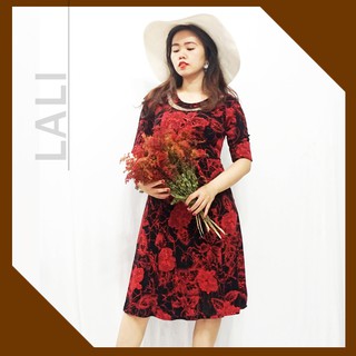 Đầm trung niên LALI dáng xòe tay lỡ, váy trung niên dáng xòe cổ viền ren Berlin