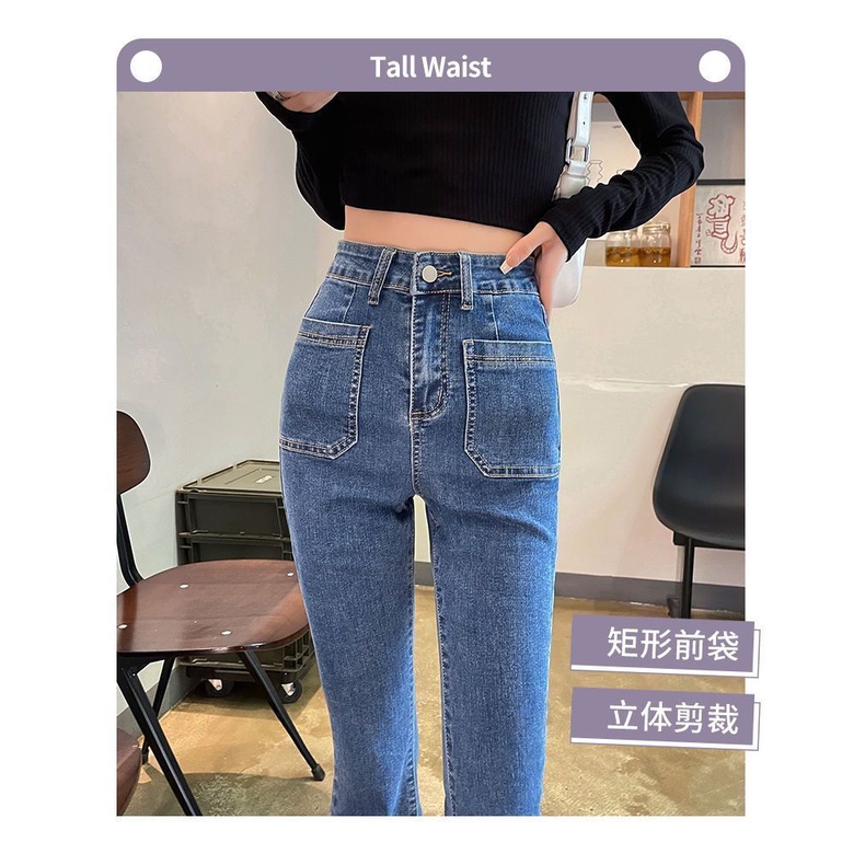 Quần Jean Dài Ống Loe Lưng Cao Phối Túi Cá Tính Cho Nữ