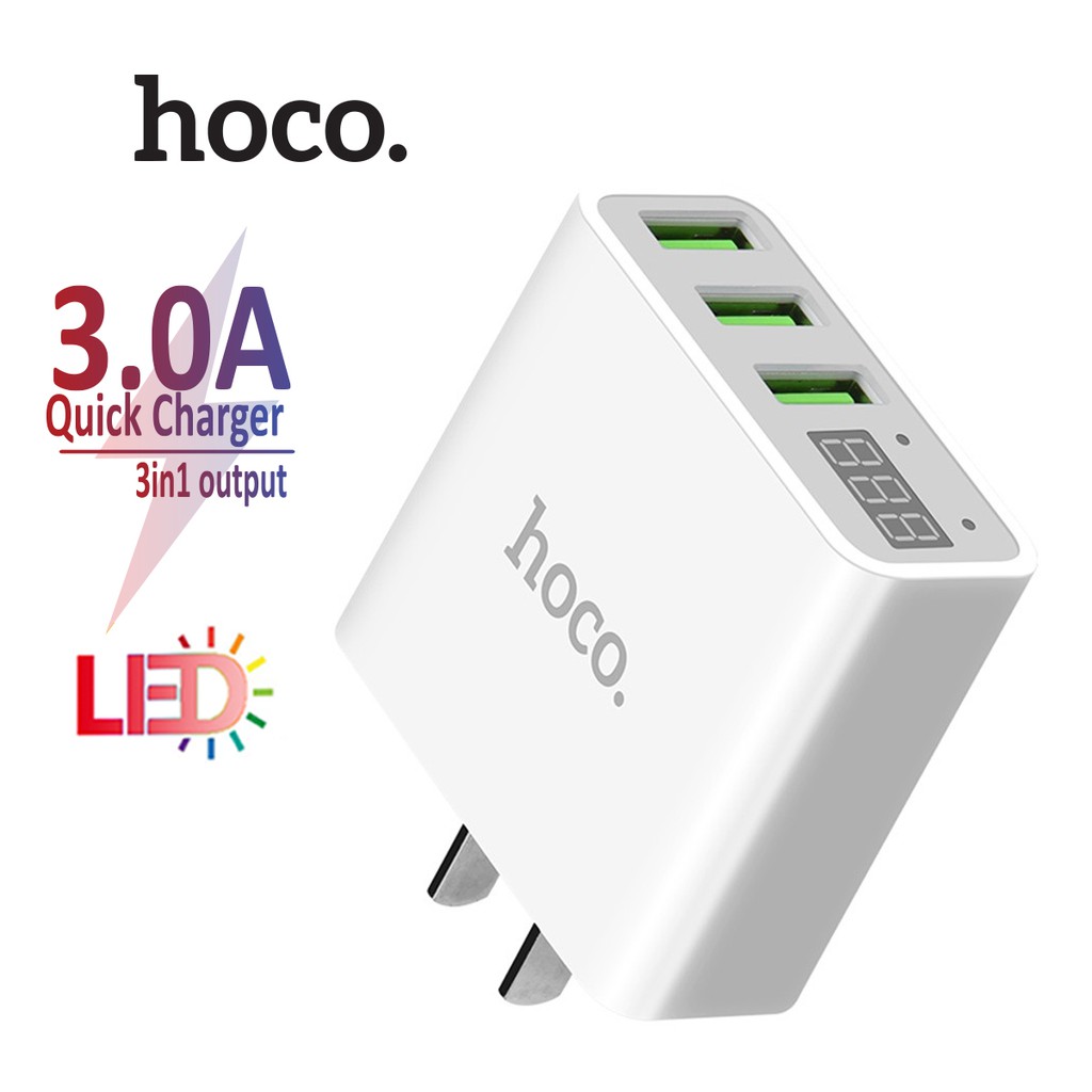 Cốc sạc 3 cổng Hoco C15 QC 3.0A đèn Led báo sạc được thiết kế dạng chấu dẹt theo tiêu chuẩn quốc tế