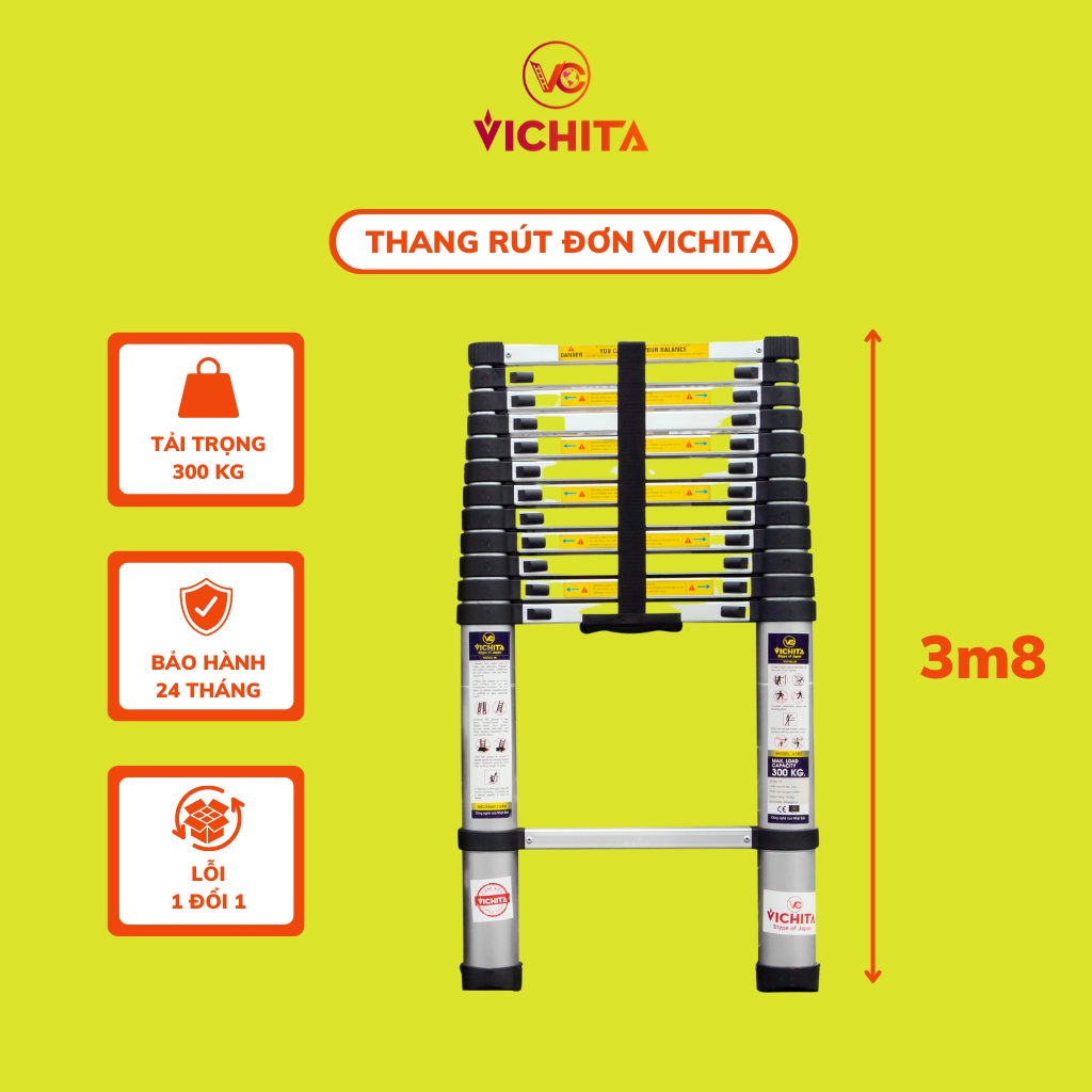 Thang Nhôm Rút Đơn 3.8M VICHITA [Tặng Kèm 2 Chốt Thang Dự Phòng]