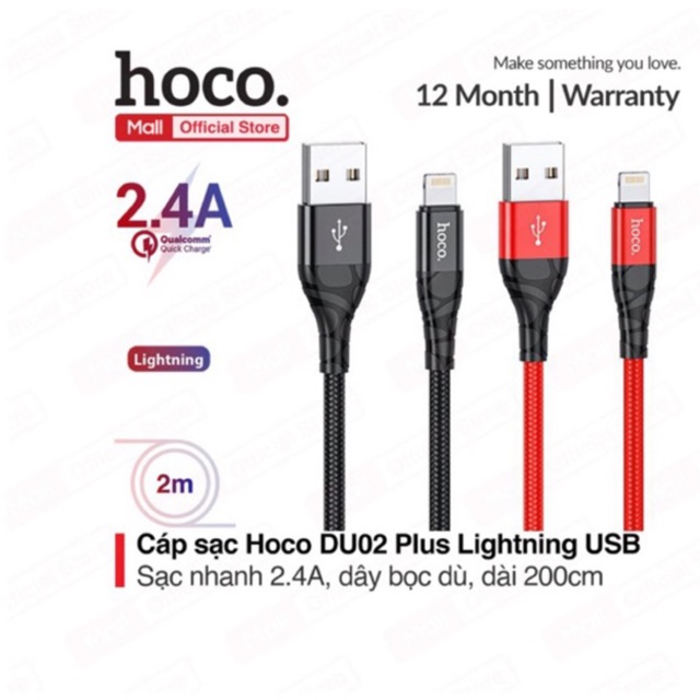 Cáp sạc nhanh Hoco DU02 Plus 2.4A, sạc nhanh cho nhiều dòng iPh/iPa, dây bện dù chống đứt, dài 2m