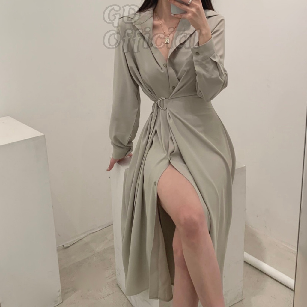 D37|Đầm nữ sơ mi thắt eo dài tay công sở đơn giản, dạ tiệc gd_order