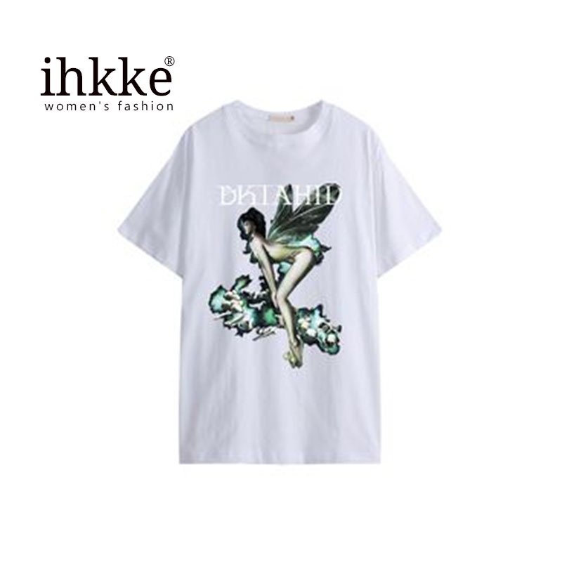 Áo thun IHKKE tay ngắn dáng rộng in hình thiên thần bướm phong cách Mỹ thời trang cho nữ
