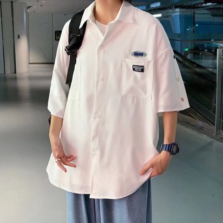 Áo Sơ Mi Tay Ngắn Dáng Rộng Màu Trơn Cài Nút Thời Trang Cho Nam