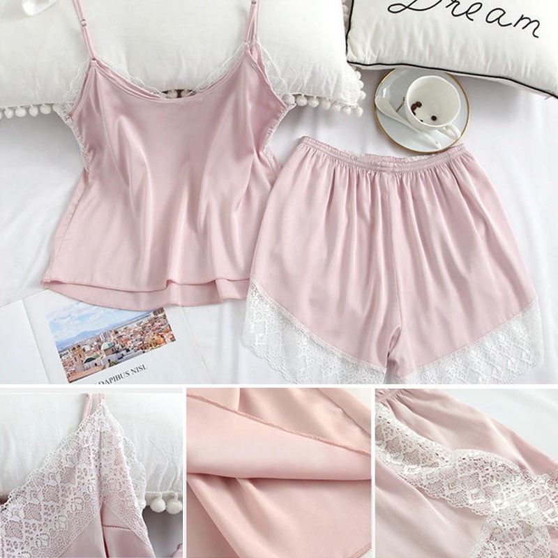 [ Mã 12FASHIONSALE1 giảm 10K đơn 50K ] Set Đồ Ngủ Áo Hai Dây + Quần Ngắn Vải Lụa Satin Phối Ren Gợi Cảm Cho Nữ