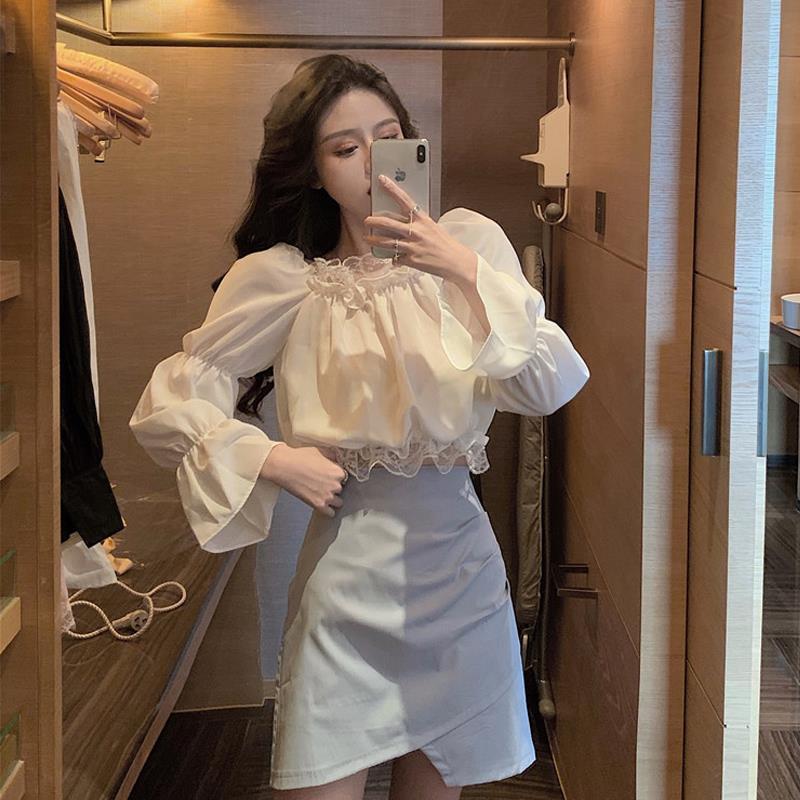 Áo Kiểu Nữ Blouses Women New Splicing Lace One Line Collar Long Sleeve