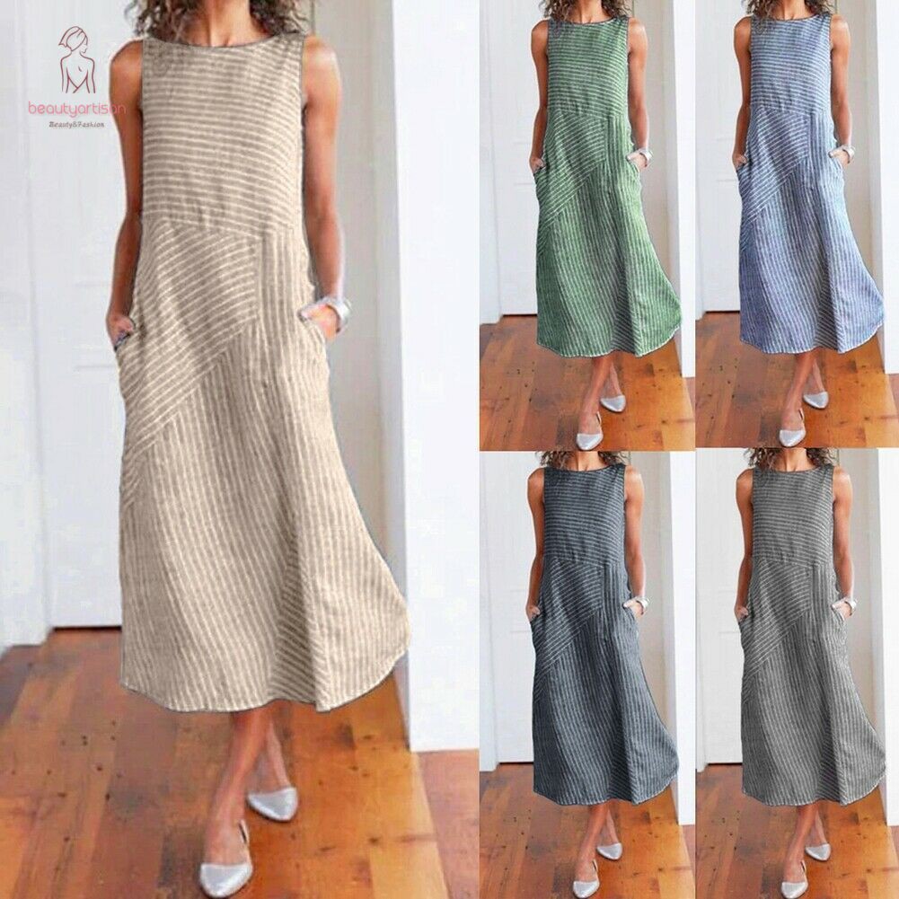 Đầm Maxi Sát Nách Chất Cotton Hoạ Tiết Kẻ Sọc Cho Phái Nữ
