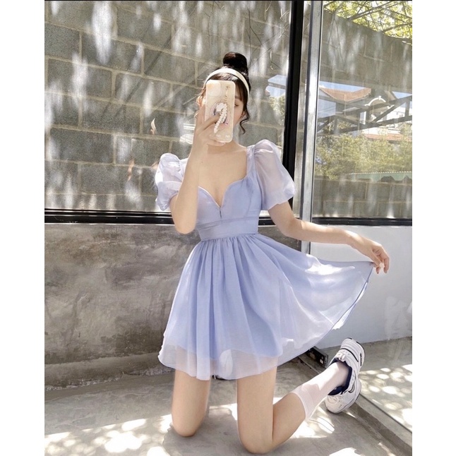 Đầm xanh xoè cúp ngực tay voan