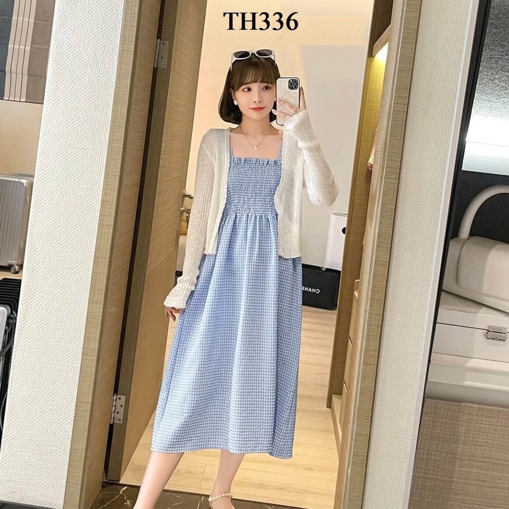 Đầm macxi bầu 2 dây kèm theo áo khoác dạng thun bo co giãn ngực 2 màu đen và xanh