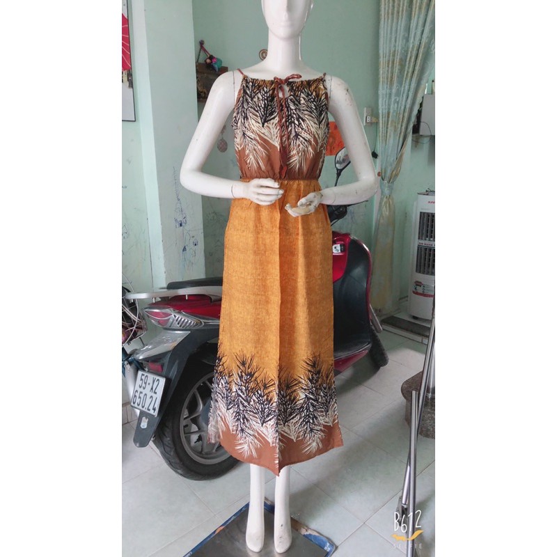 [chọn màu]Đầm maxi lanh lụa yếm cách điệu dây da xinh xắn (47-60ky) | BigBuy360 - bigbuy360.vn