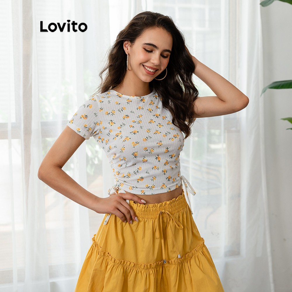 Áo Thun Croptop Lovito Rút Dây In Hoa Thời Trang Thường Ngày L03109 (Màu Trắng) | BigBuy360 - bigbuy360.vn