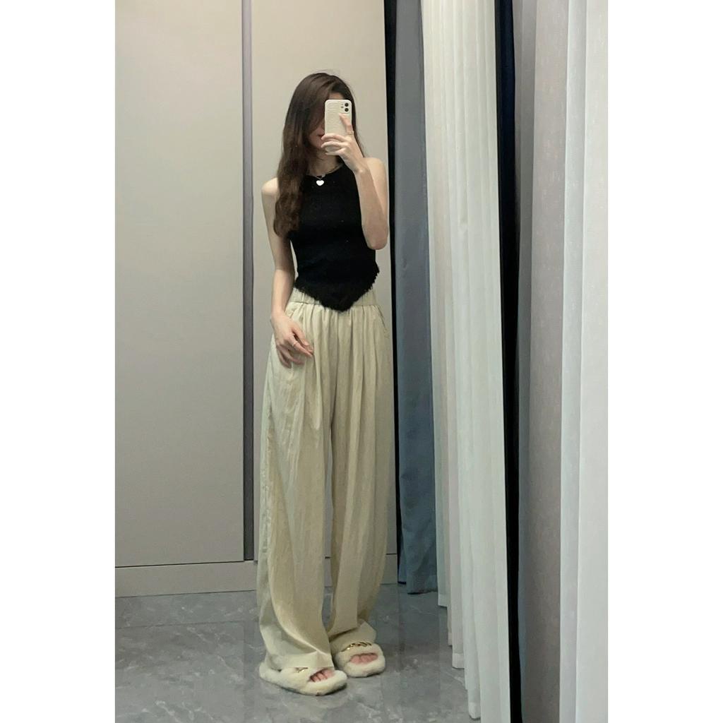 Xiaozhainv Set Áo Hai Dây Phối Quần Dài Lưng Cao Ống Rộng Thời Trang Hè Cá Tính Cho Nữ