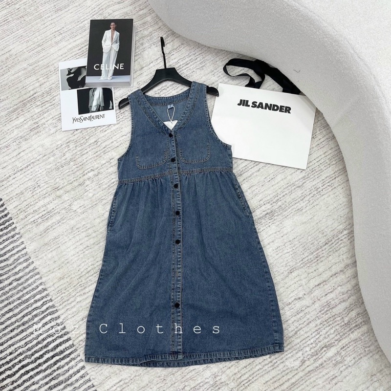 Váy bò sát nách túi trước babydoll dáng dài chất dezim cực đẹp full size