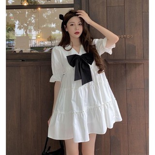 Đầm Babydoll Dáng Xòe Phối Nơ Ngực Đen ⚡Váy tiểu thư cổ V tay nhún bèo nơ ngực bản to ⚡ KHOHANGCHUYENDOSI