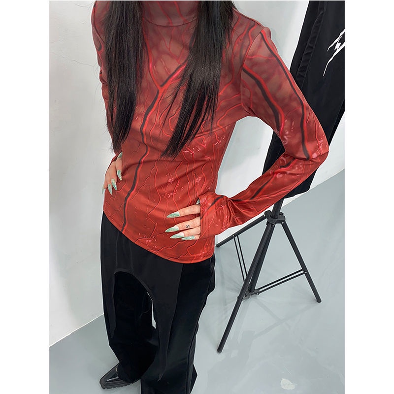 Hàng Có Sẵn Áo Sơ Mi Co Giãn Dưới Cổ Đứng Màu Đỏ Rỉ Sét Ma Thuật Ngọn Lửa Chính Hãng Mùa Xuân Hè