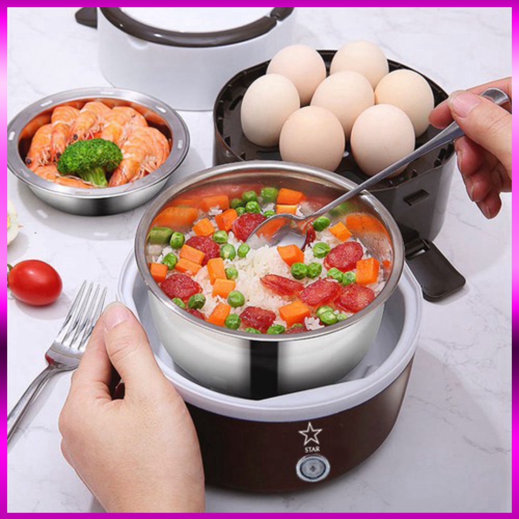 Hộp đựng ủ cơm hâm nóng cắm điện 3 tầng inox cao cấp 👑