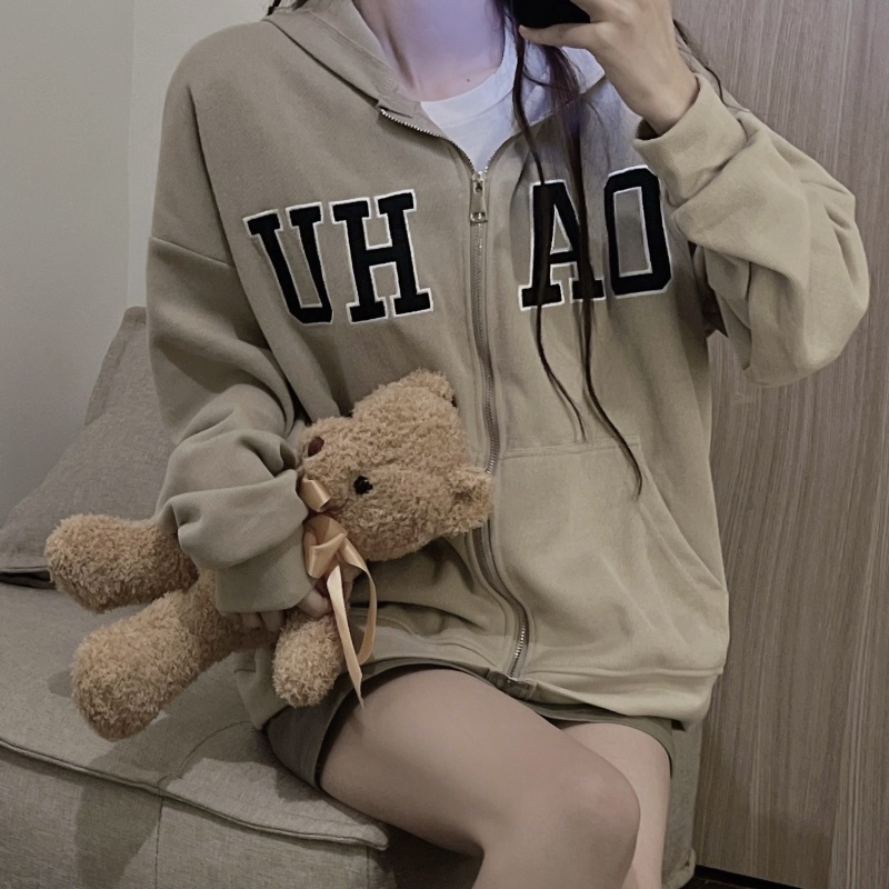 Áo Khoác Hoodie Tay Dài Dáng Rộng Thêu Họa Tiết Xinh Xắn Dễ Phối Đồ