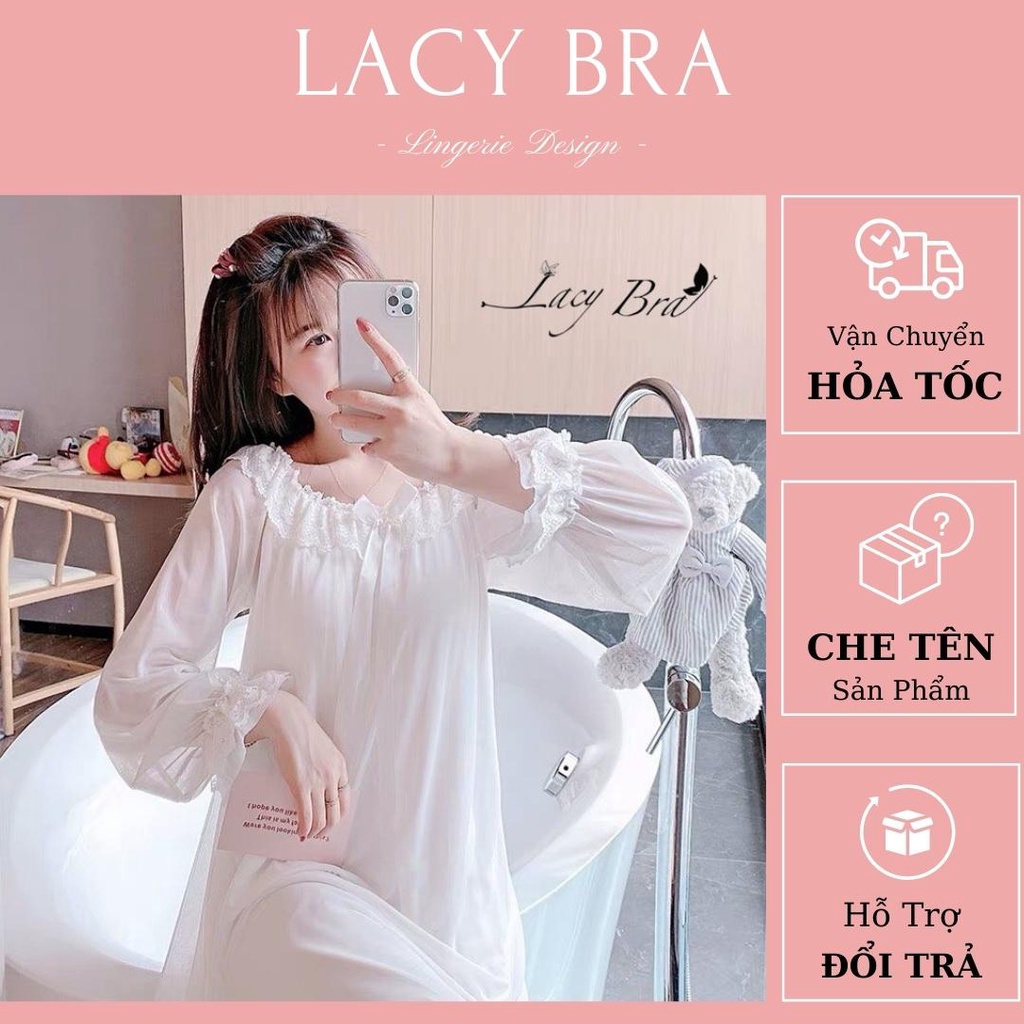 Váy Ngủ Voan Mỏng Dáng Suông Dài Cổ Tròn Đính Nơ Xinh Xắn Lacy Bra - V19