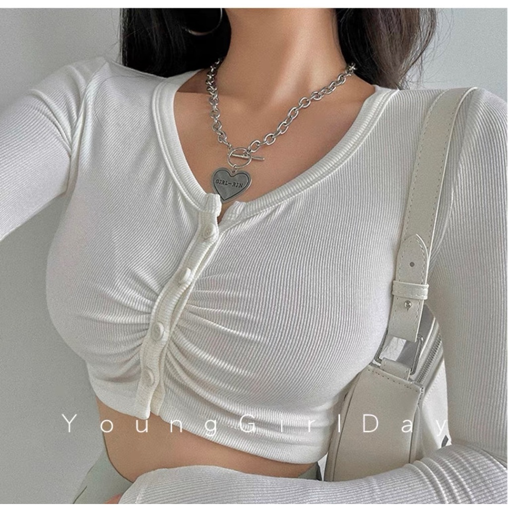 Áo Croptop Ôm Body Cổ U Tay Dài Phối Cúc Nhún Ngực Quyến Rũ Thời Thượng A5325