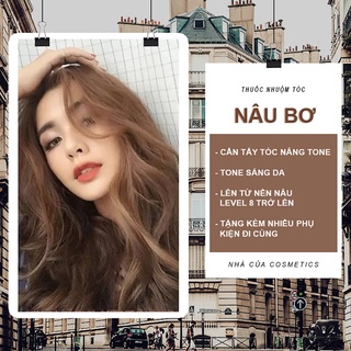 THUỐC NHUỘM TÓC MÀU NÂU BƠ KHÔNG TẨY TẶNG KÈM OXY, BAO TAY, MŨ CHÙM Ủ TÓC VÀ MŨ BỊT TAI